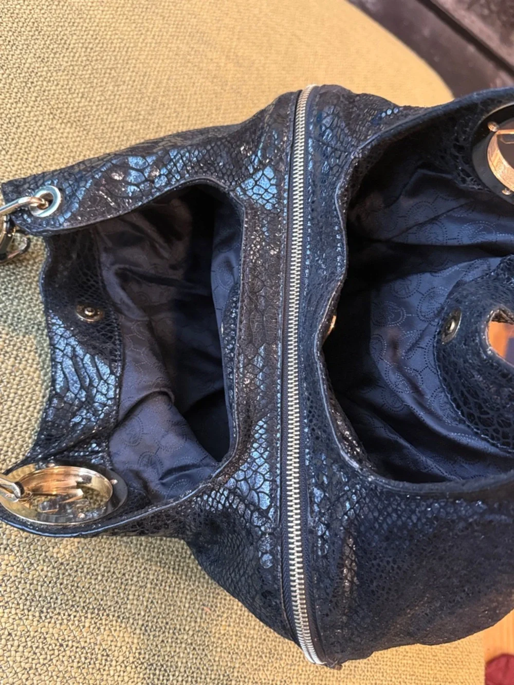 *Michael Kors Black Glossy Shimmery Snakeskin-Texture Shoulder Bag - Picture 9 of 11